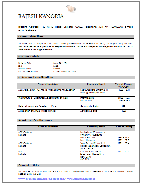Accountant resume format in india